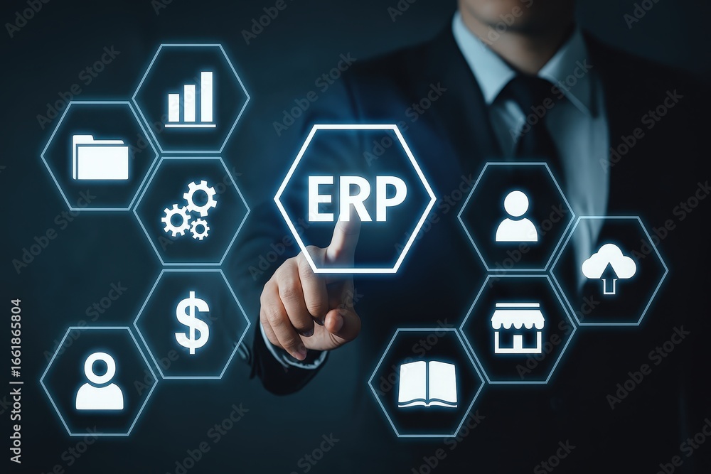 Poster businessperson interacts with a futuristic interface showcasing various erp system elements.