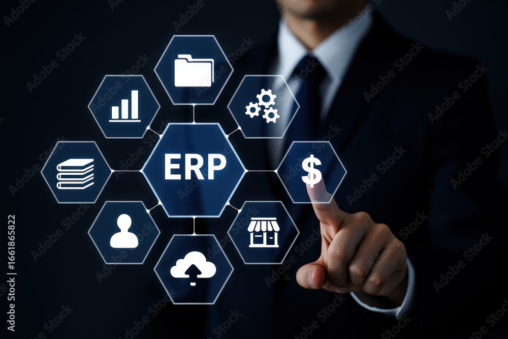 Poster a businessperson interacts with a graphic user interface showcasing enterprise resource planning (er