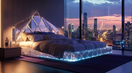 Luxurious crystal bed in a modern apartment overlooking a vibrant cityscape at sunset