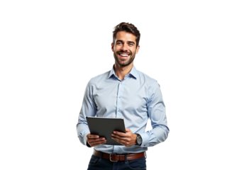 Smiling young businessman holding tablet isolated on transparent background