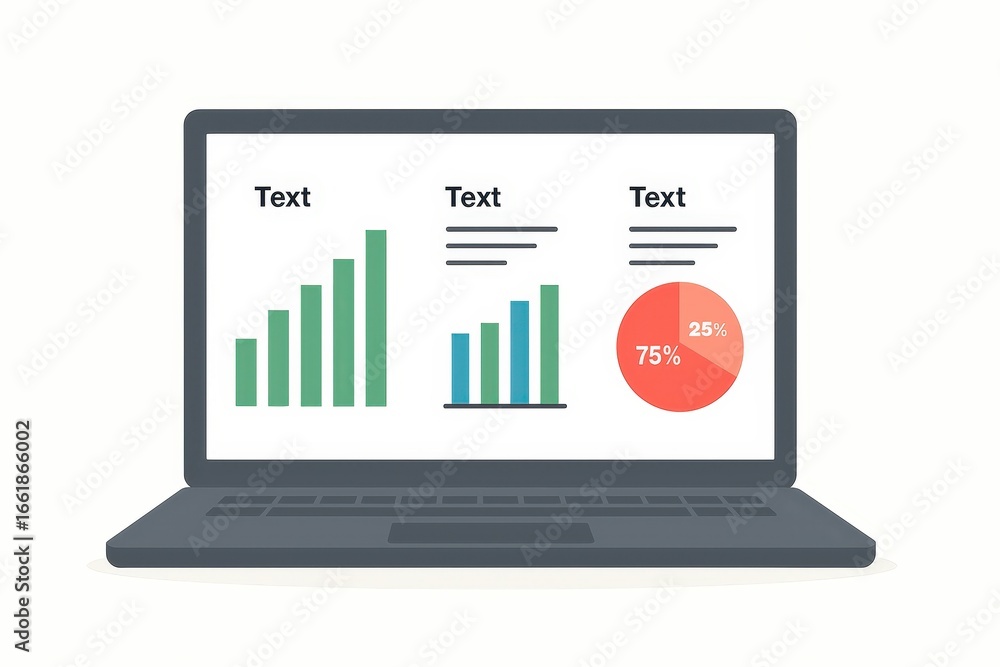 Poster a gray laptop computer displays various charts and graphs, including bar charts and a pie chart, pro