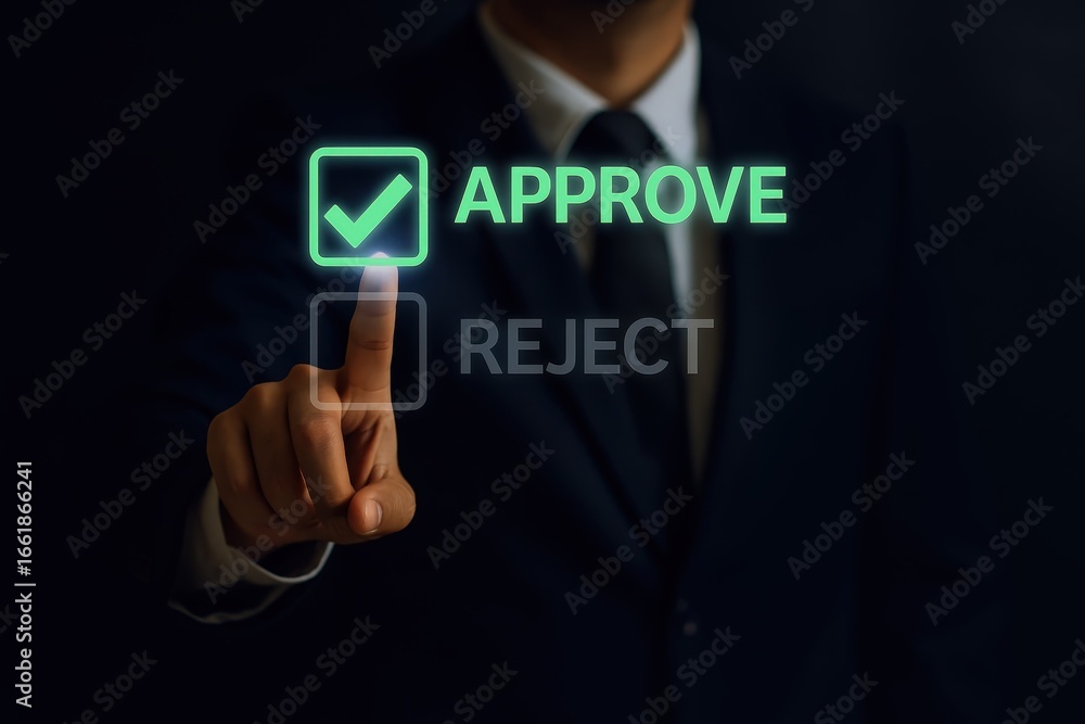 Poster a hand pointing to an approve option on a digital interface, highlighting a decision-making process 