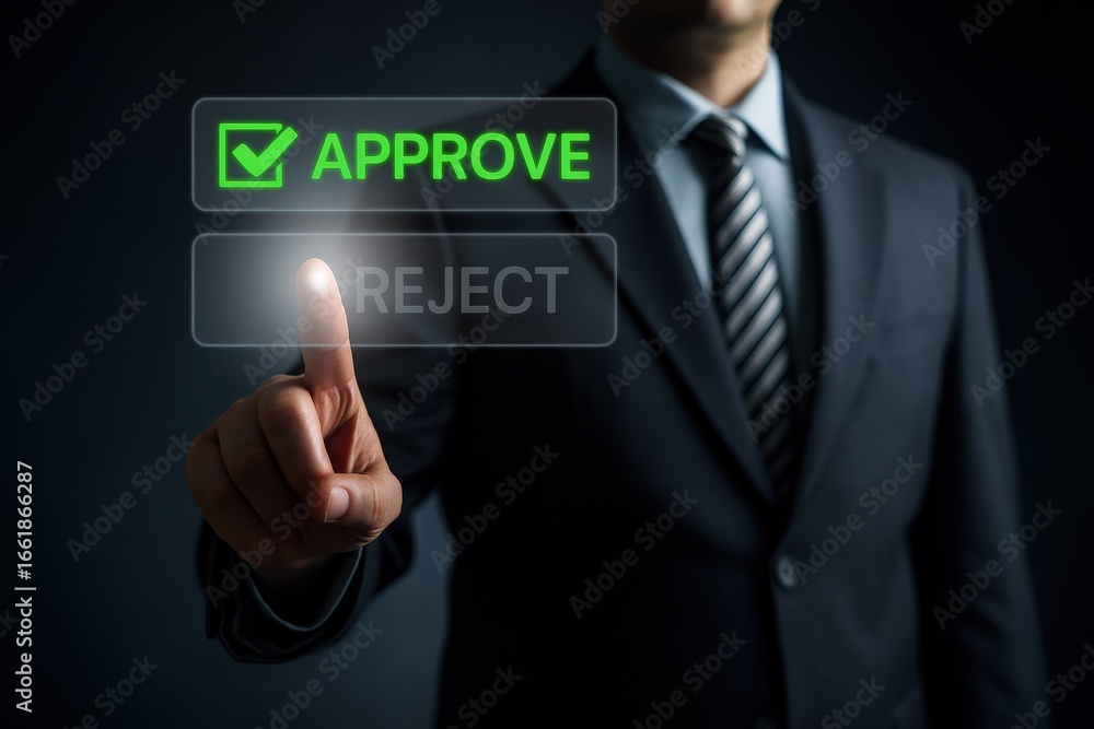 Poster a hand points to an approve button displayed on a dark background.