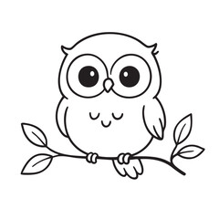 Fototapeta premium Cute Cartoon Owl Perched on a Branch Simple Black and White Line Art Illustration