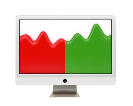 Red and green stock graph icon on computer screen, financial data analysis, market trend, digital display, business concept, isolated on transparency background