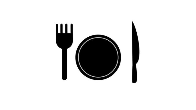 Minimalist animation of a food or restaurant icon. A black silhouette of a plate, fork, and knife appear sequentially on a white background, forming a place setting. Simple graphic for dining concepts
