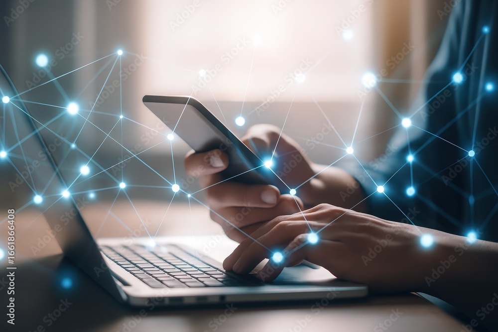 Poster a person interacts with a smartphone and laptop, connected by a network of glowing lines and dots, h