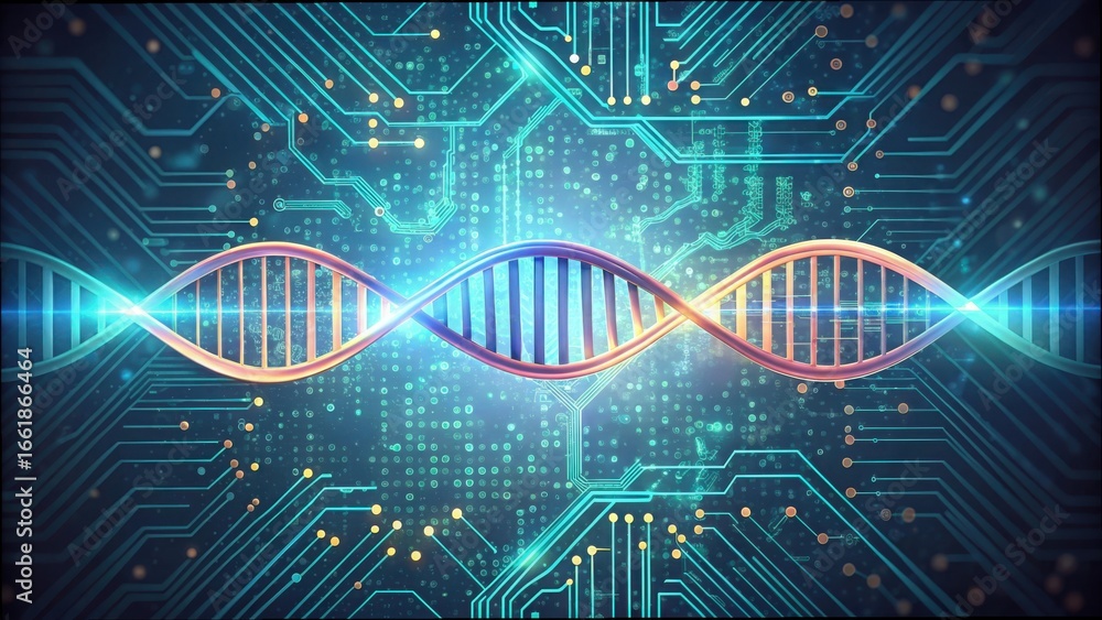 Poster abstract dna structure with circuit background elements and glow effects