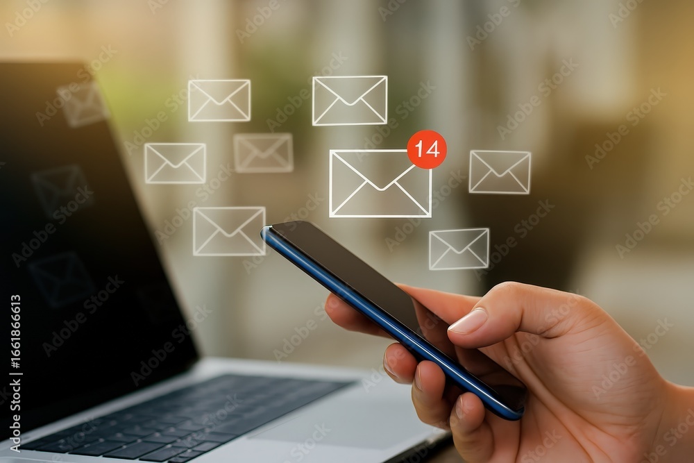 Poster a person holds a smartphone with email notifications displayed, highlighting the concept of mobile c