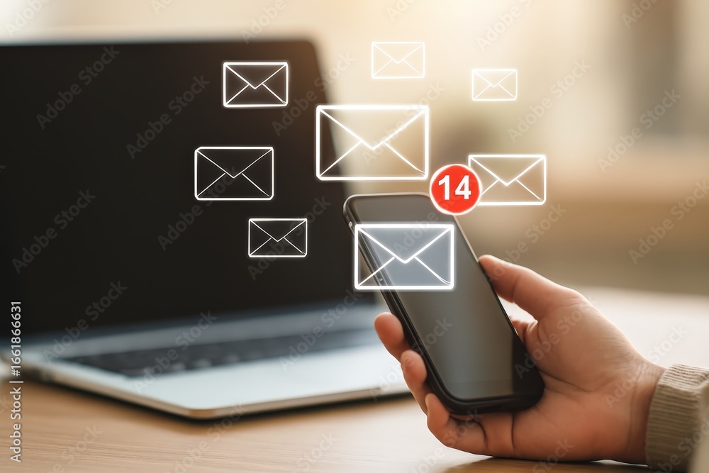 Poster a smartphone displays email notifications with a fourteen-day mark, highlighting incoming messages.