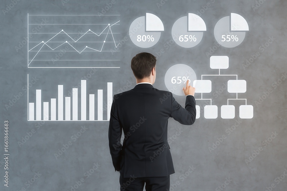 Poster a businessman examines a projected data display with various graphs and charts, highlighting a key s
