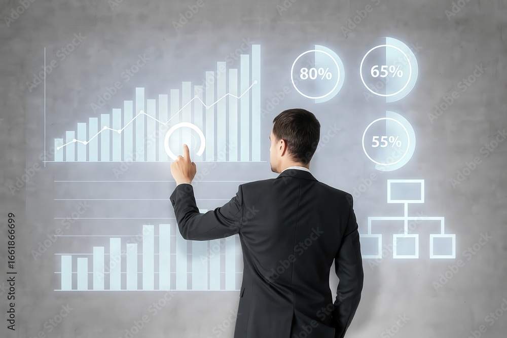 Poster a person in a suit interacts with projected business graphs and charts on a wall.