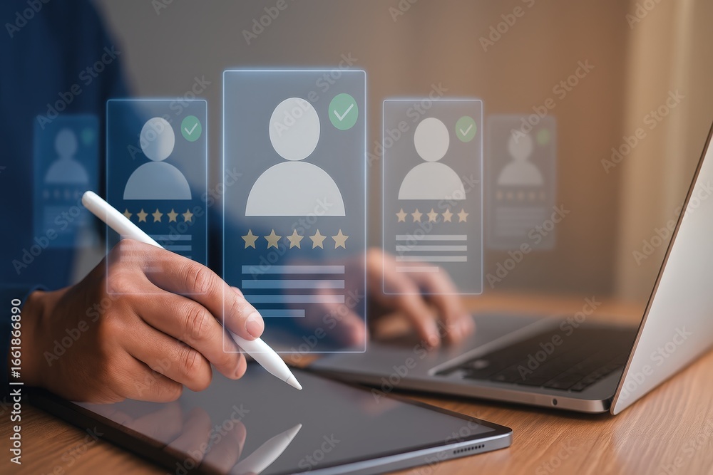 Poster hands interacting with digital profiles displayed on a tablet and laptop, highlighting a process of 