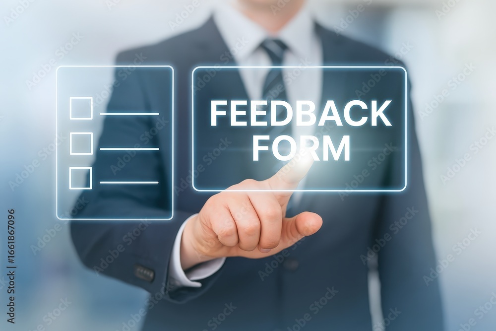 Poster a person in a suit interacts with a futuristic feedback form interface, highlighting the concept of 