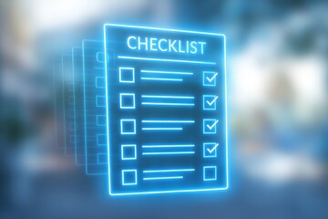 Multiple checklist forms with glowing neon blue lines illustrate a modern, digital task management system.