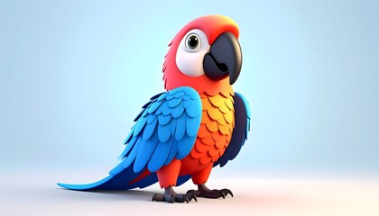 Fototapeta premium Cartoon macaw with vibrant plumage, a playful digital rendering against a soft blue gradient background.