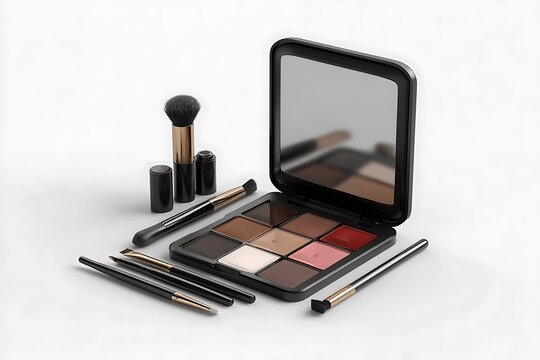 Professional makeup palette and brushes arranged elegantly for beauty tutorials and cosmetic brand advertising, creating a polished, sophisticated look.