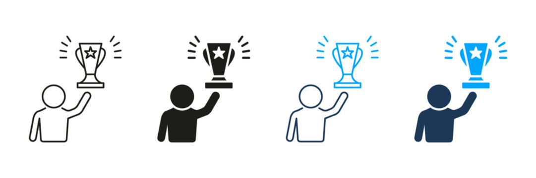Person Holding Trophy Line And Solid Icon Set. Achievement, Success, And Victory Celebration Symbol Collection. Recognition And Award Ceremony. Isolated Vector Illustration