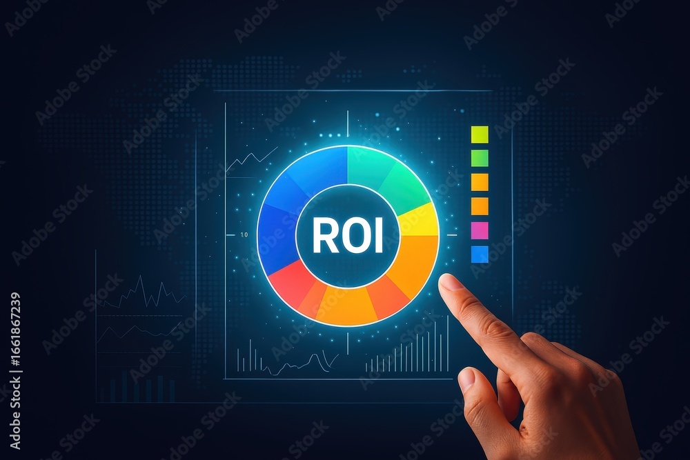 Poster a hand touches a glowing return on investment pie chart on a digital interface, highlighting data an