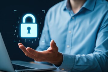 A person holds a digital lock graphic in their hand, showcasing a concept of security and digital protection.
