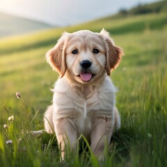 Cute golden retriever puppy sitting on green grass, playful expression, 8K resolution.
