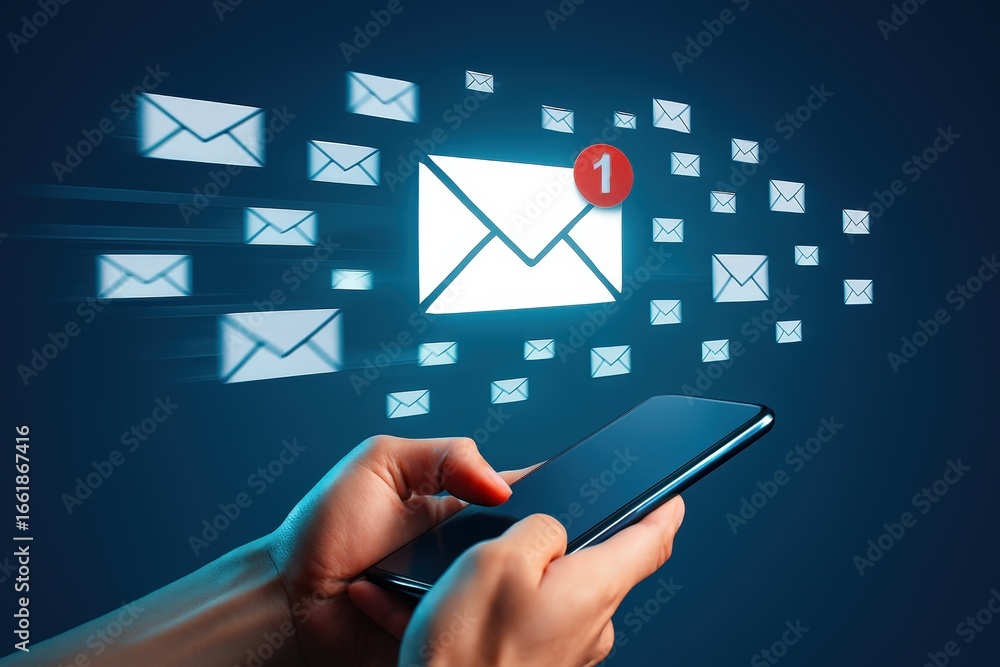 Poster Hands holding a smartphone with numerous email icons hovering above, signifying a large volume of incoming messages.