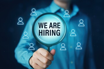 A hand holding a magnifying glass highlighting the message "We Are Hiring" surrounded by digital user icons.