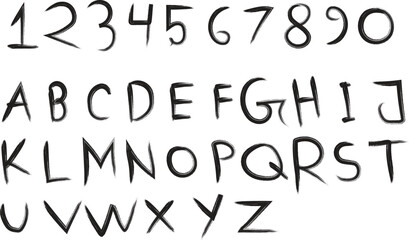 Hand Drawn Brush Style Numbers and font Set. Fashionable figures in Japanese style, hand-drawn with a brush. Every letter is isolated. Typography, lettering, calligraphy concept