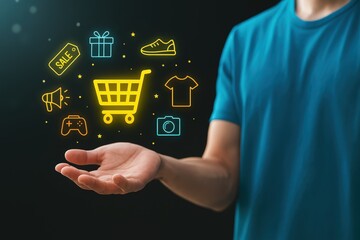 A hand holds glowing shopping icons, showcasing online retail concepts.