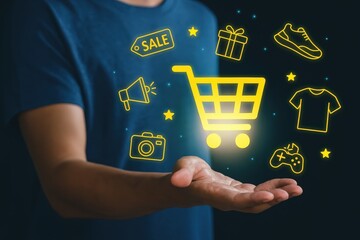 A person holds a glowing shopping cart icon with various commerce-related icons, showcasing online shopping and retail concepts.