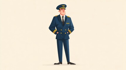 A confident sea captain in a navy blue uniform with gold epaulettes stands upright, hands in pockets,