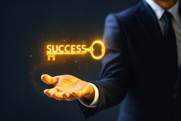 A golden, glowing key representing success is held in a person's hand, suggesting attainment and opportunity.