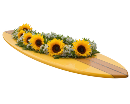 Yellow surfboard decorated with sunflowers and white flowers, summer vibe, photorealistic style, cheerful and vibrant, perfect for beach or tropical themes
