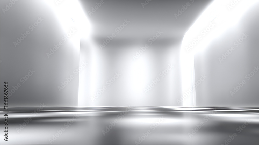 Poster a monochrome scene with a grid floor bright walls and luminous light emanating from multiple sources