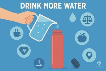A hand pours water from a pitcher into a reusable hydration bottle, surrounded by health-conscious icons emphasizing the importance of hydration.