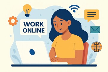 A woman sits at a laptop, focused on work-from-home tasks, with various digital tools illustrated around her, showcasing a modern style and a concept of remote work.