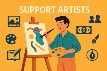 A person paints a colorful abstract piece on an easel, surrounded by art-related icons, promoting support for artists.