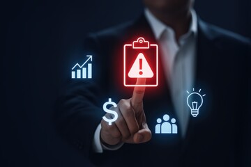 A hand interacts with glowing, holographic icons representing business challenges and solutions.