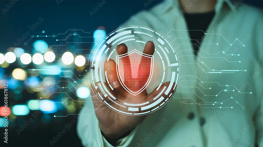 Aufkleber safeguarding digital assets human hand activating virtual security shield on futuristic interface, e