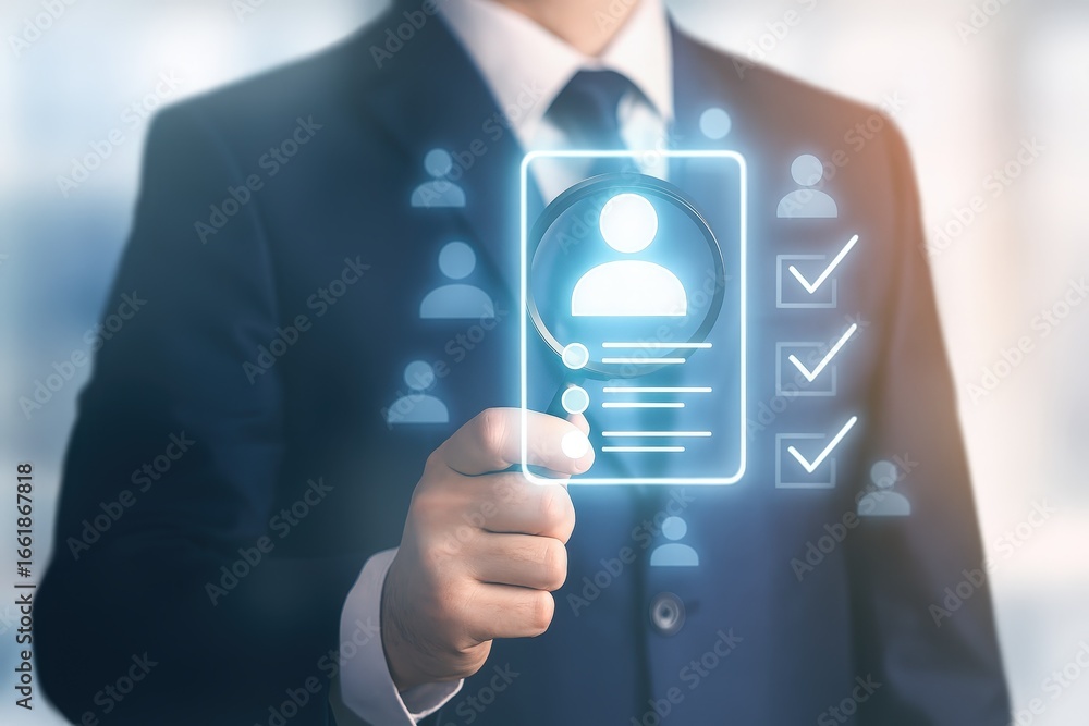 Poster A person in a suit interacts with a digital profile display, highlighting selection criteria and applicant data.