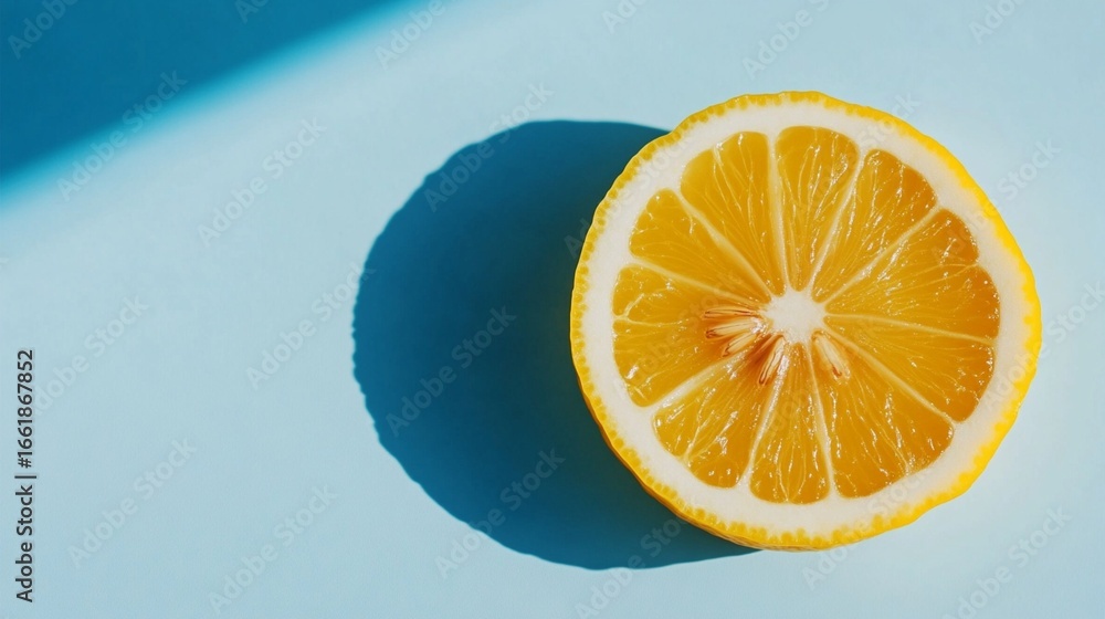 Poster a bright and vibrant slice of lemon rests on a soft blue surface, creating an inviting contrast that
