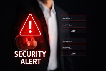 A person's finger touches a glowing security alert graphic over a login interface, highlighting potential risks.