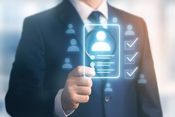 A person in a suit interacts with a digital profile display, highlighting selection criteria and applicant data.
