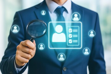 A person in a business suit examines a digital profile using a magnifying glass, highlighting a concept of detailed personnel evaluation.