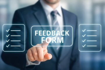 A businessperson's hand interacts with a digital feedback form on a touch screen, highlighting modern business communication.