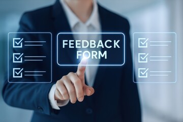A person in a business suit interacts with a glowing feedback form interface, highlighting digital checklist elements.