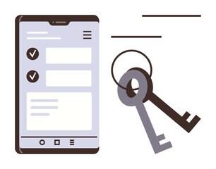 Smartphone displaying checklist with two physical keys emphasizing security, access, and technology. Ideal for digital safety, mobile apps, keyless solutions, authentication, access control, privacy