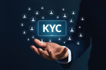 Obraz premium A hand holds a glowing digital display showing the acronym KYC, surrounded by interconnected profile icons, symbolizing a digital identity verification process.