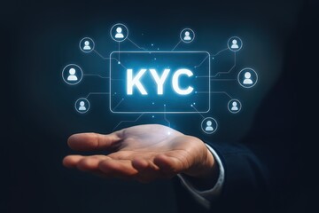Obraz premium A hand displays a holographic KYC acronym, surrounded by connected user icons, signifying digital identity verification.
