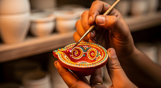An artist carefully painting a traditional clay diya a beautiful handmade craft for the Hindu festival of Diwali - Powered by Adobe